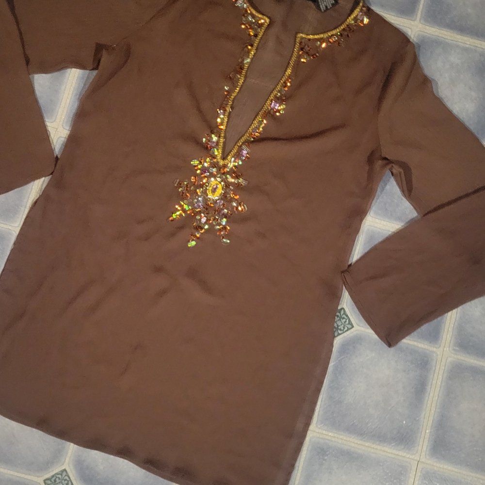Chic Brown Tunic with Vibrant Embellishments
